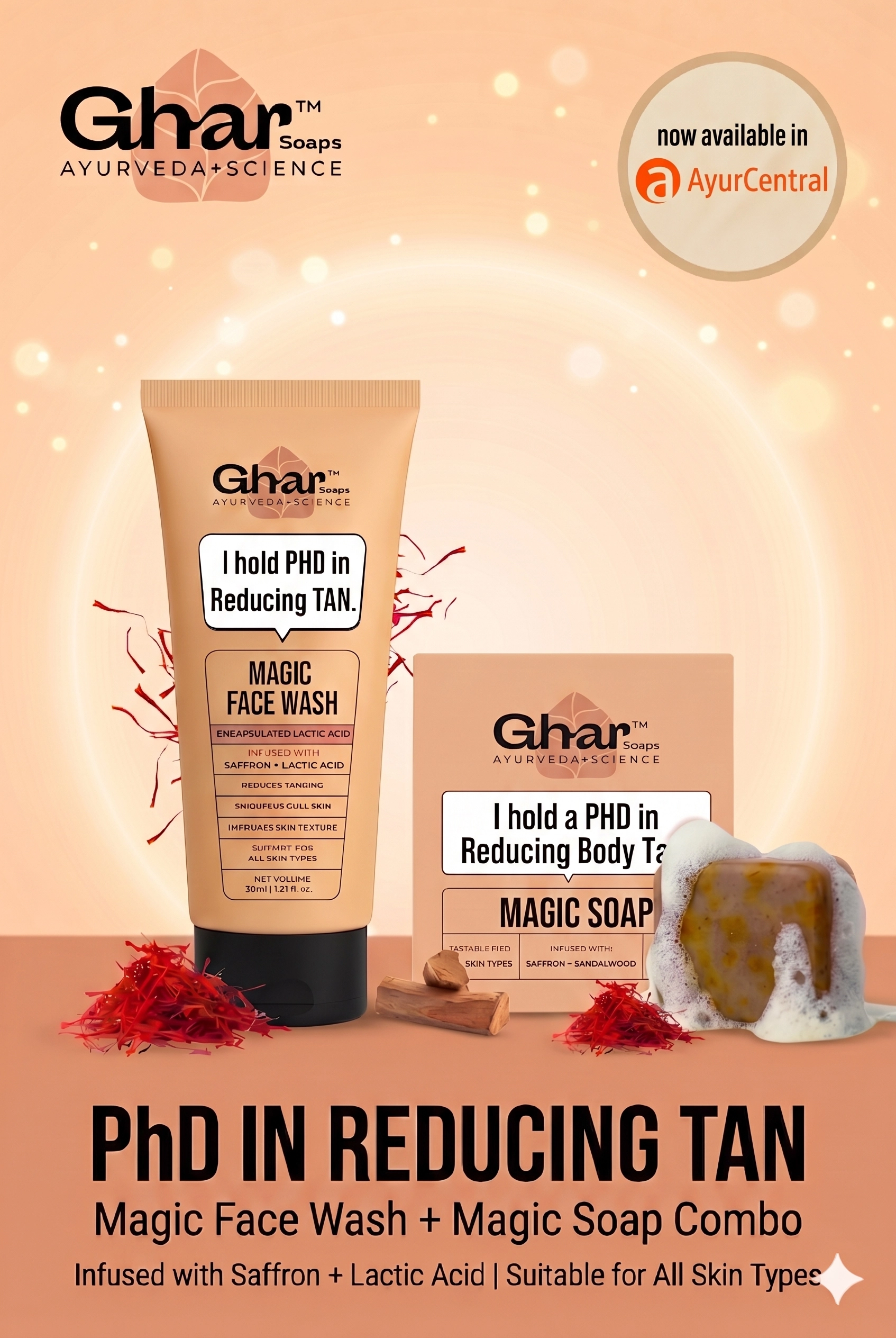 Ghar Soaps Magic Face Wash and Magic Soap combo with saffron and sandalwood for tan removal, now available at AyurCentral