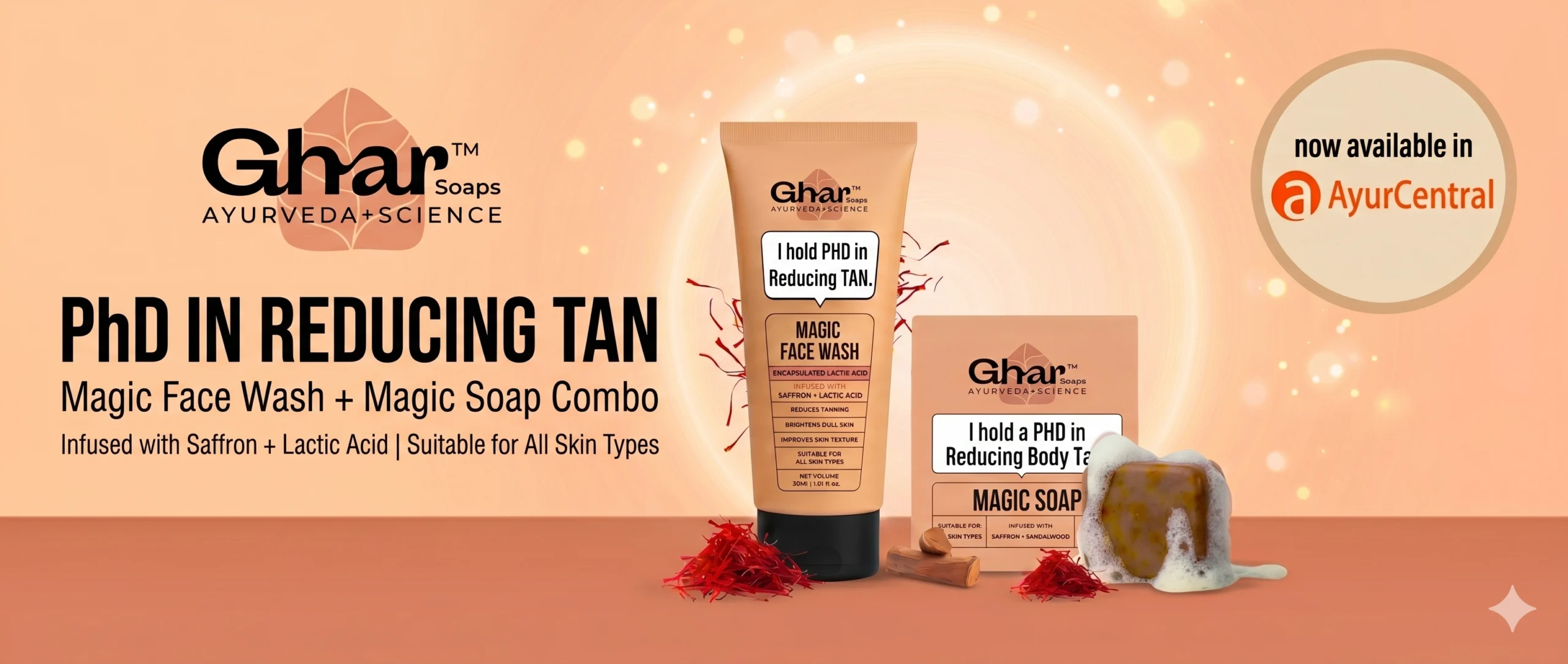 Magic Face Wash and Magic Soap combo by Ghar Soaps - PhD in reducing tan with saffron and lactic acid, available at AyurCentral