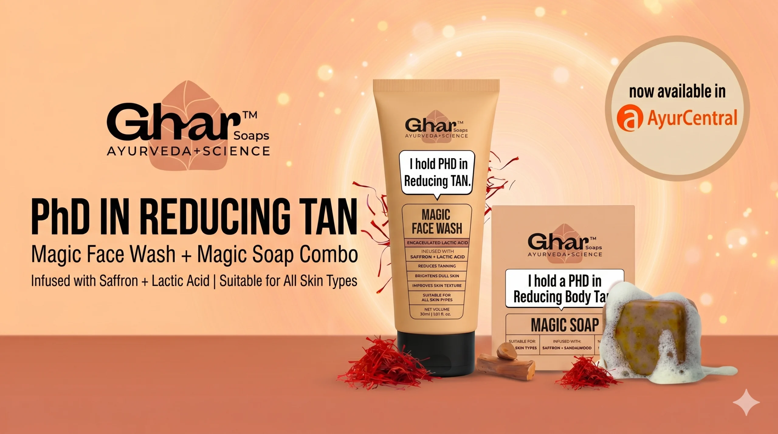 Magic Face Wash and Magic Soap combo by Ghar Soaps - PhD in reducing tan with saffron and lactic acid, available at AyurCentral