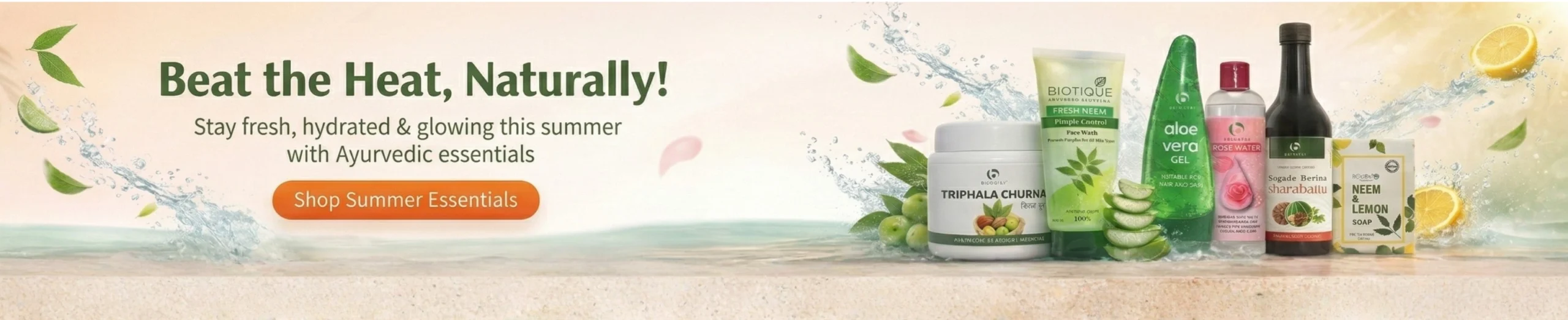 Beat the Heat Naturally - Ayurvedic summer essentials combo with Triphala Churna, neem face wash, aloe vera gel, rose water, sharabattu and neem-lemon soap available at AyurCentral