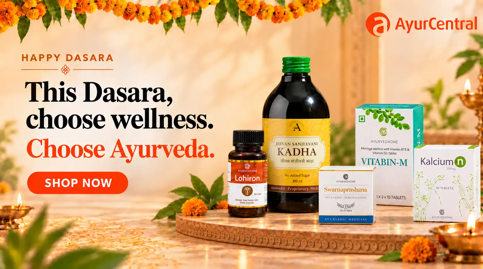 Ayurveda Day banner featuring AyurvedaOne Kadha, Vitabin-M, Kalcium n, Swarnaprashana and Lohiron with Ayurvedic herbs and the message “Ancient Wisdom. Care for Today. at AyurCentral”
