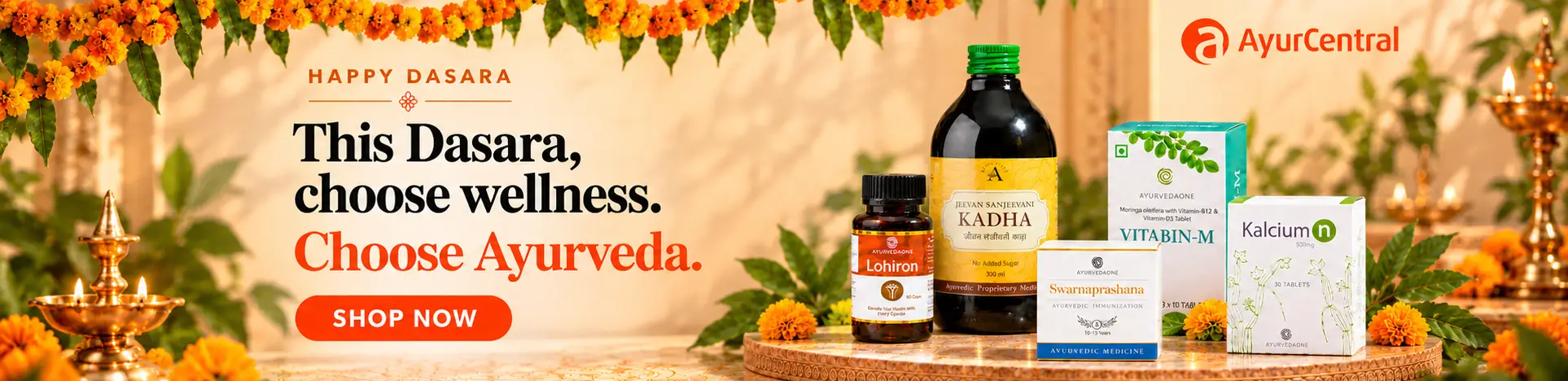 Ayurveda Day banner featuring AyurvedaOne Kadha, Vitabin-M, Kalcium n, Swarnaprashana and Lohiron with Ayurvedic herbs and the message “Ancient Wisdom. Care for Today. at AyurCentral